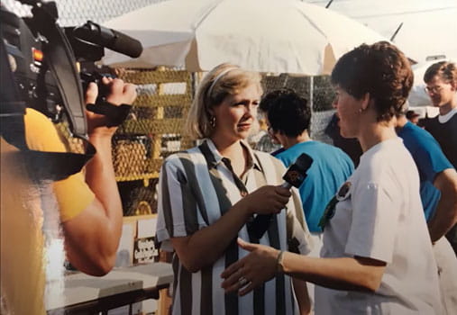 newscaster Gail Hogan interviewing newscaster Gail Hogan interviewing